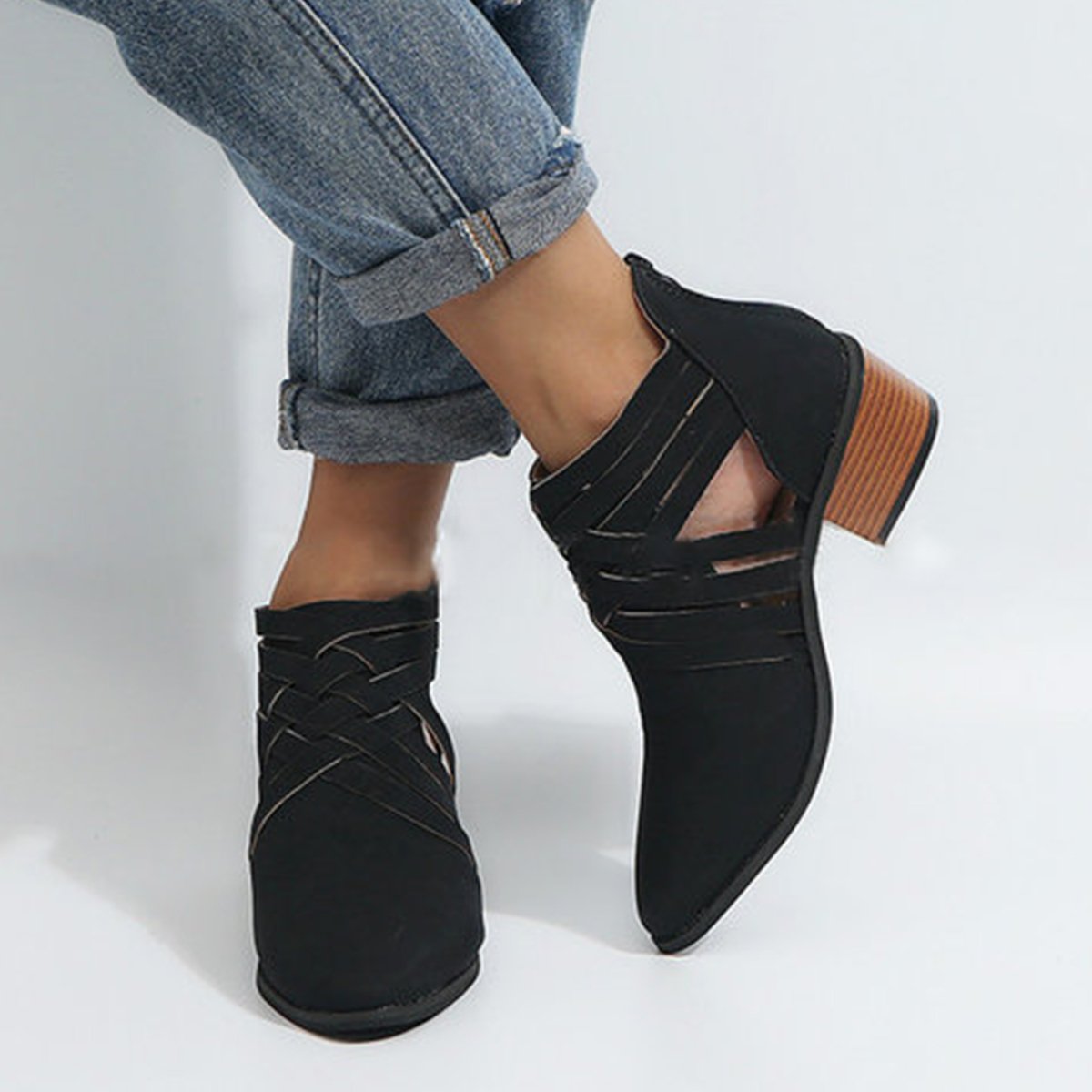 Plus Size Criss-Cross Ankle Heel Booties Hollow-out  Woman PU Boots