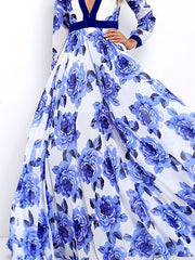 Sexy Deep V Collar Retro Printed Expansion Vacation Dress