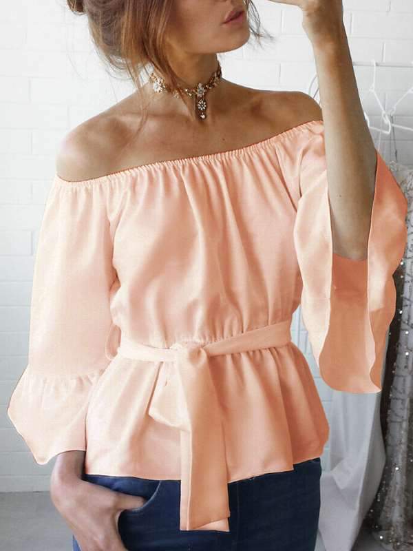 Solid color chiffon Loose Off Shoulder Flared sleeves T-shirts