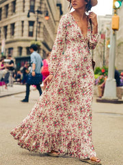 Bohemian Deep v-neck floral  printed  long Dresses