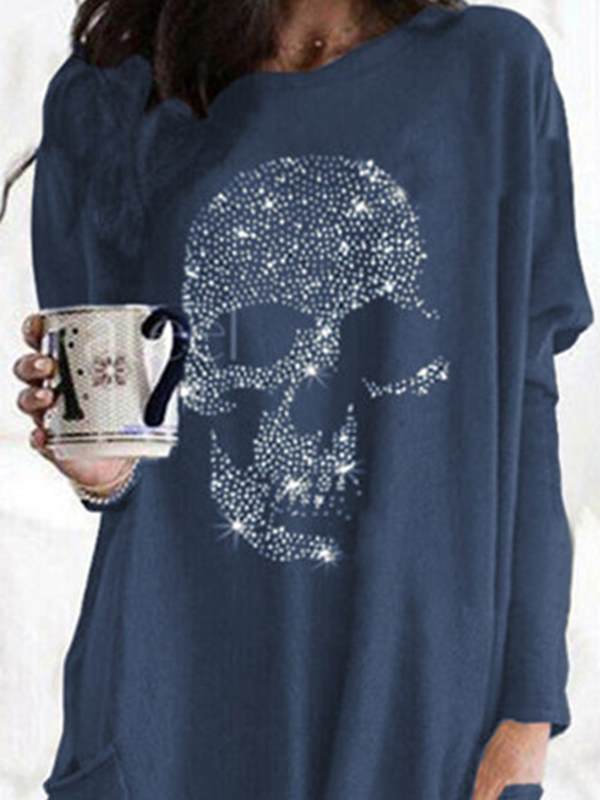 Women diamond decoration skull pattern loose long sleeve T-shirts