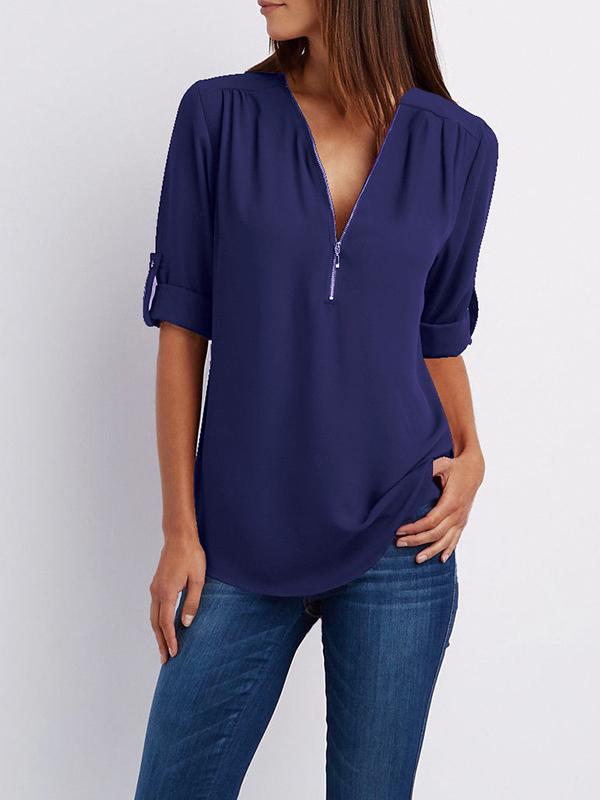 Fashion Loose Daily Chiffon Long Sleeve V Neck Blouses