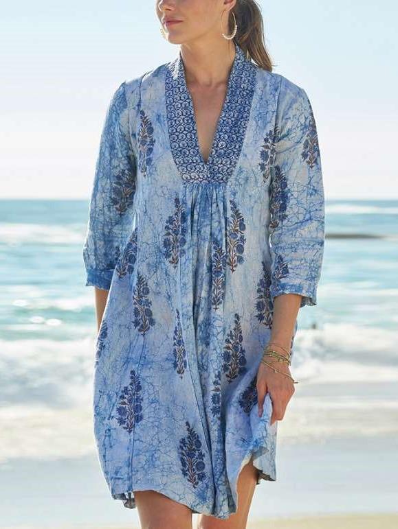 Casual Print V neck Three quarter sleeve Shift Dresses