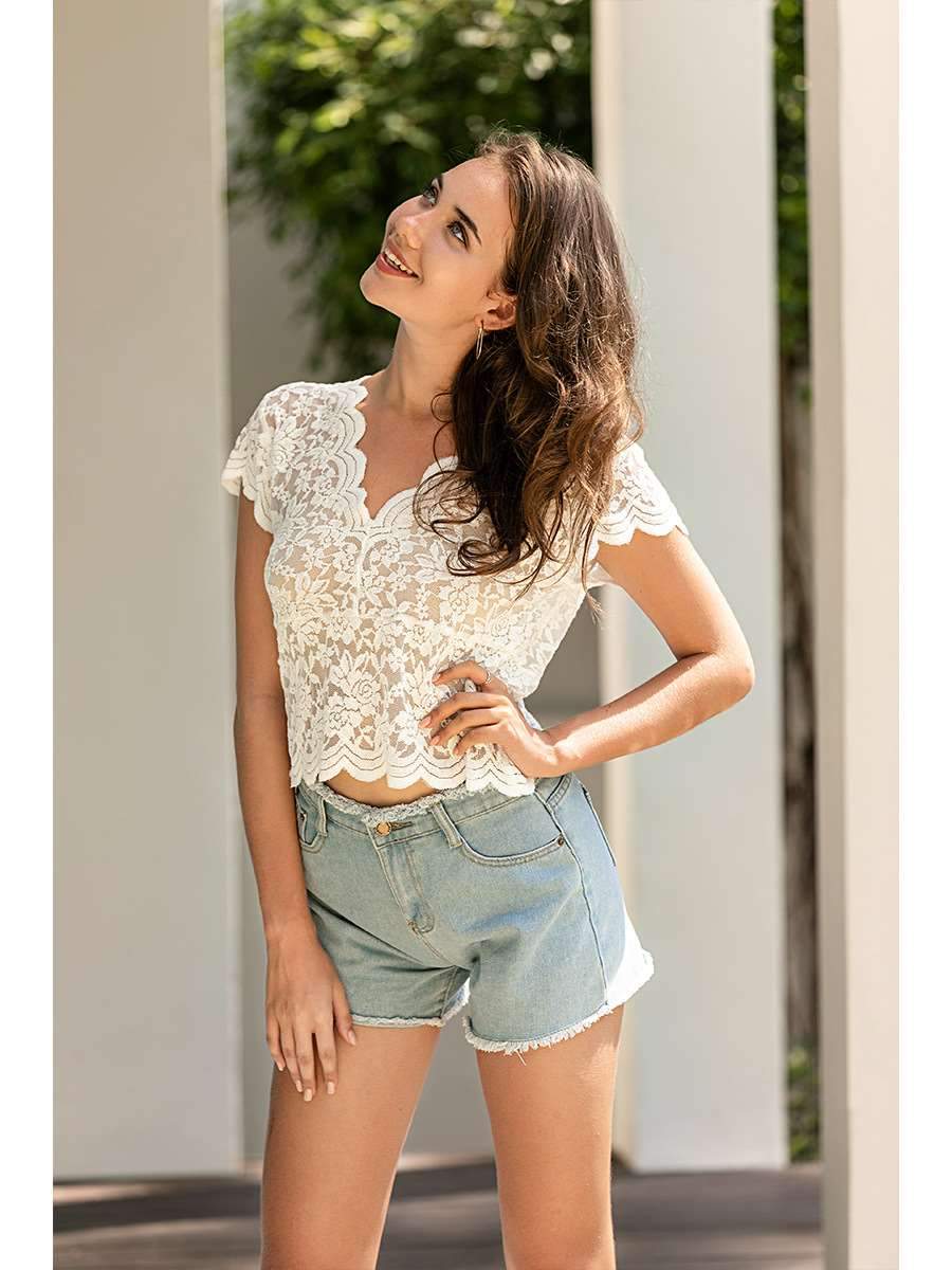 Sexy Pure Lace Hollow out V neck Short sleeve T-Shirts