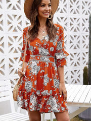 Fashion Casual Print V neck Half sleeve Backless Skater Dresses