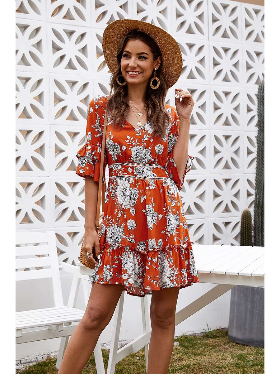 Fashion Casual Print V neck Half sleeve Backless Skater Dresses