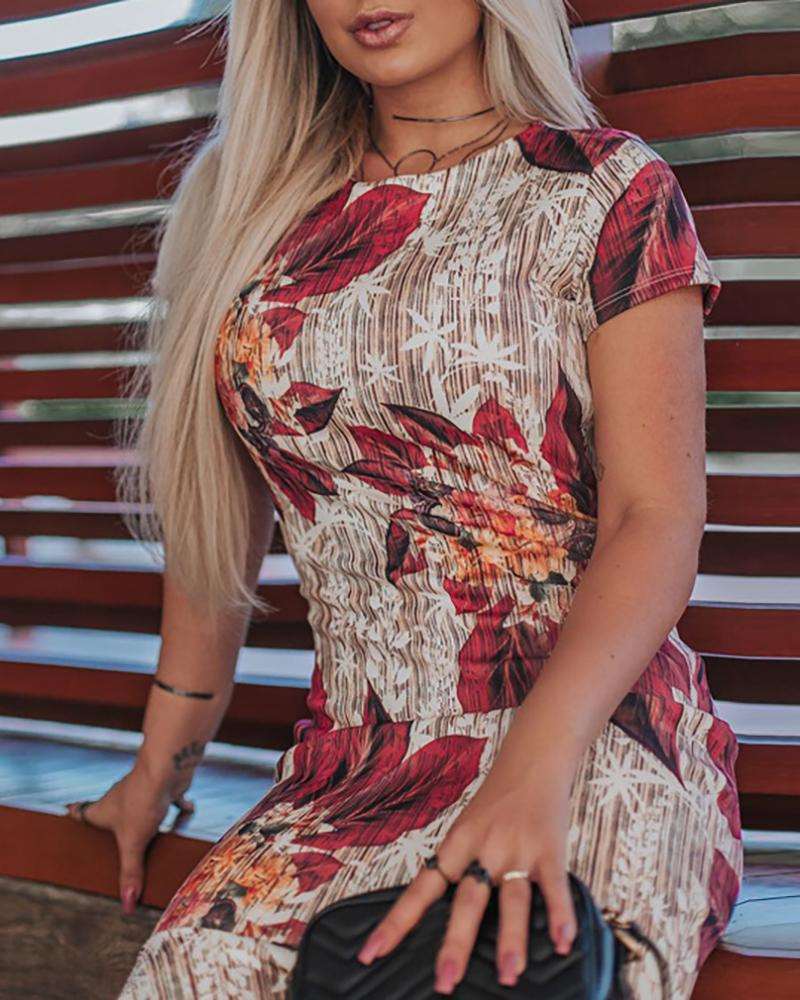 Sexy Floral print Round neck Short sleeve Gored Falbala Bodycon Dresses