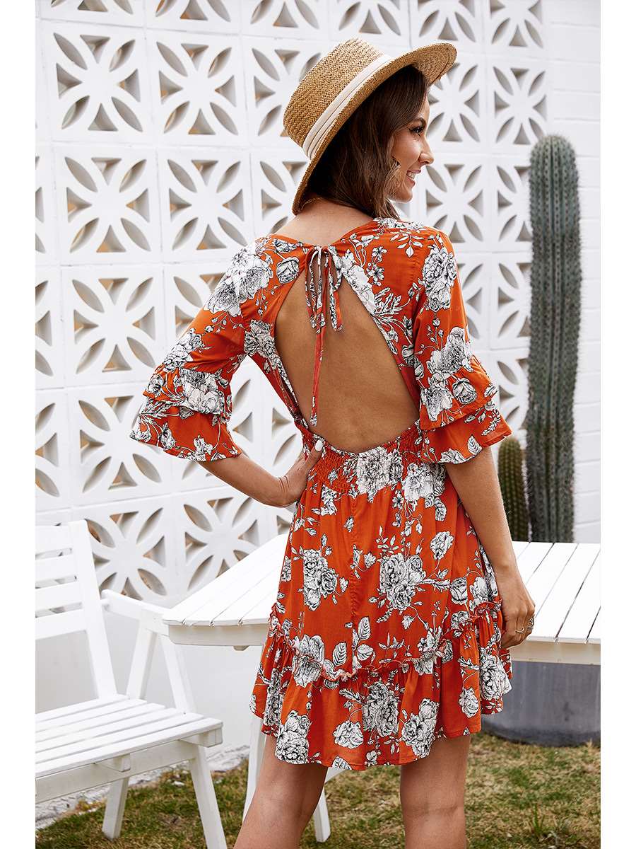 Fashion Casual Print V neck Half sleeve Backless Skater Dresses