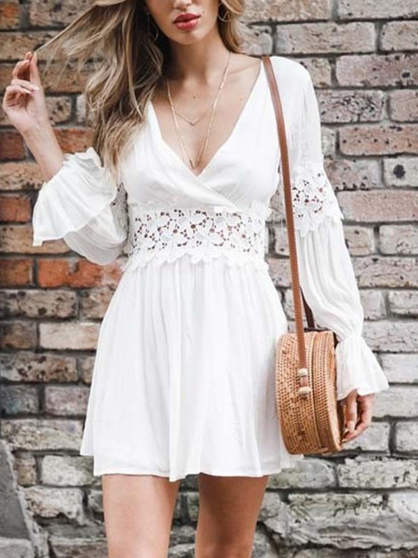 Chic White Long sleeve v-neck lace patchwork Min Skater dresses