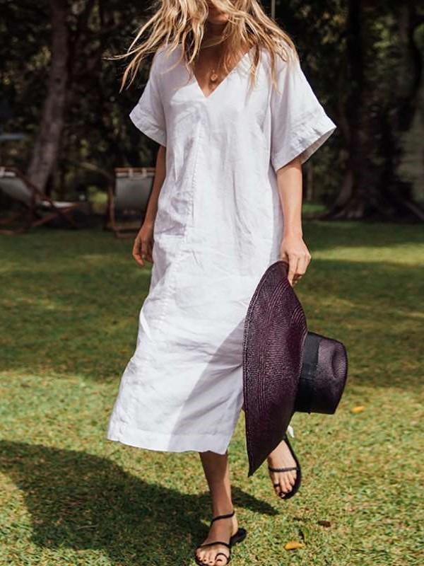 Casual Loose Pure V neck Short sleeve Vent Maxi Dresses