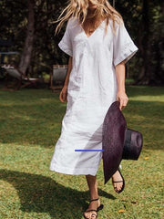 Casual Pure V neck Short sleeve Vent Maxi Dresses