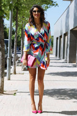 Casual Loose Print V neck Lacing Long sleeve Shift Dresses