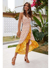 Fashion Print V neck Sleeveless Gored Vacation Dresses