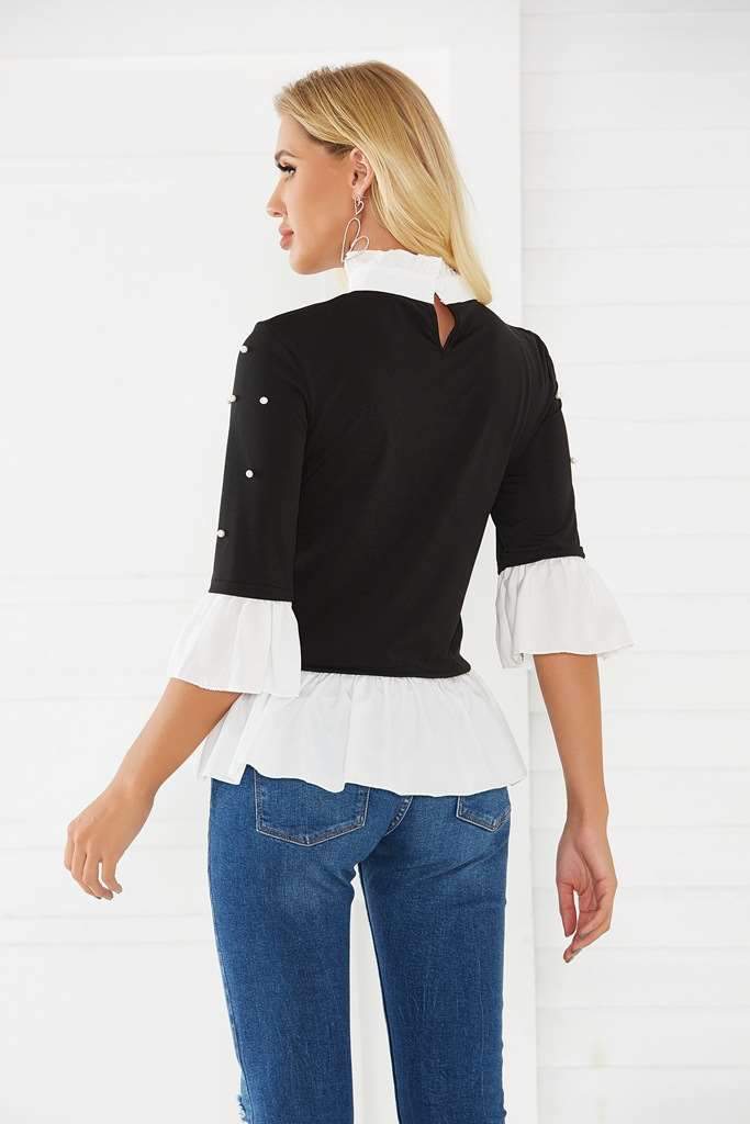 Fashion High collar Gored Three quarter sleeve Blouses