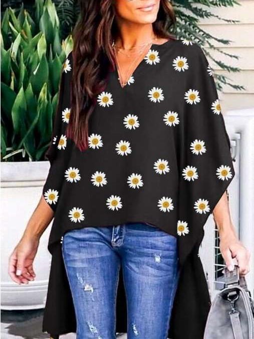 Casual Loose V neck Print Irregular Blouses
