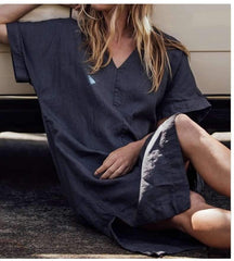 Casual Loose Pure V neck Short sleeve Vent Maxi Dresses