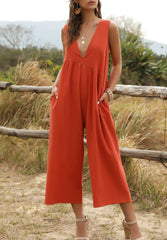 Casual Loose Pure V neck Sleeveless Jumpsuits