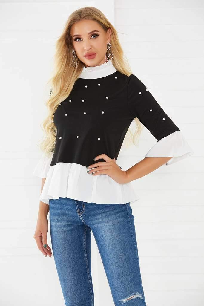 Fashion High collar Gored Three quarter sleeve Blouses