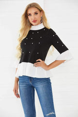 Fashion High collar Gored Three quarter sleeve Blouses