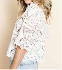 Casual Lace Hollow out Round neck Short sleeve T-Shirts
