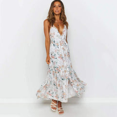 Fashion Print V neck Sleeveless Vest Skater Maxi Dresses