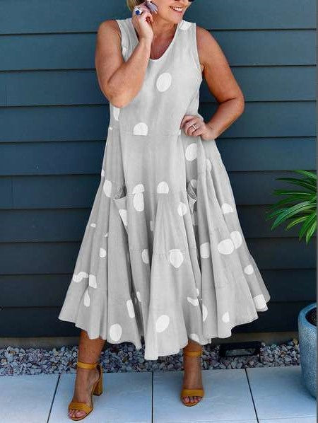 Casual Loose Point print Round neck Sleeveless Maxi Dresses