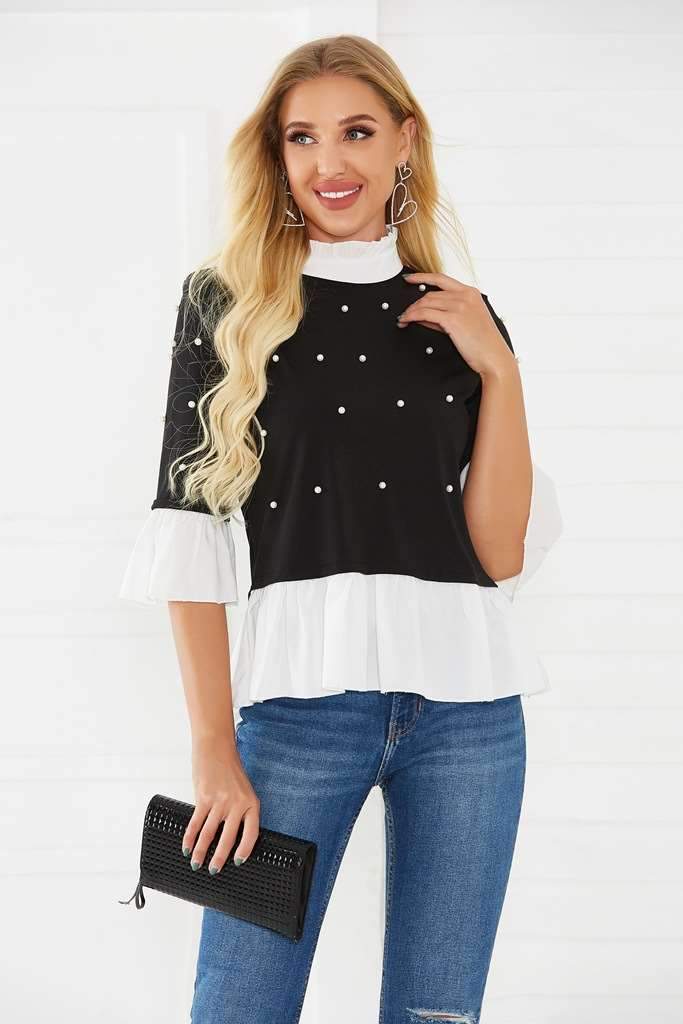 Fashion High collar Gored Three quarter sleeve Blouses