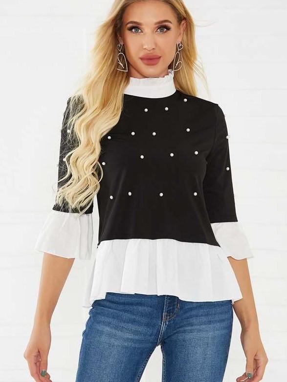 Fashion High collar Gored Three quarter sleeve Blouses