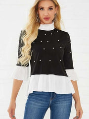 Fashion High collar Gored Three quarter sleeve Blouses