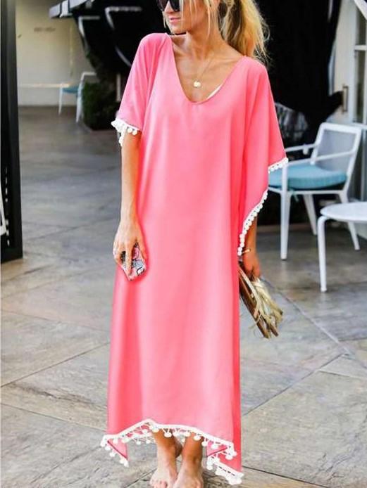 Casual V neck Short sleeve Macrame Maxi Dresses