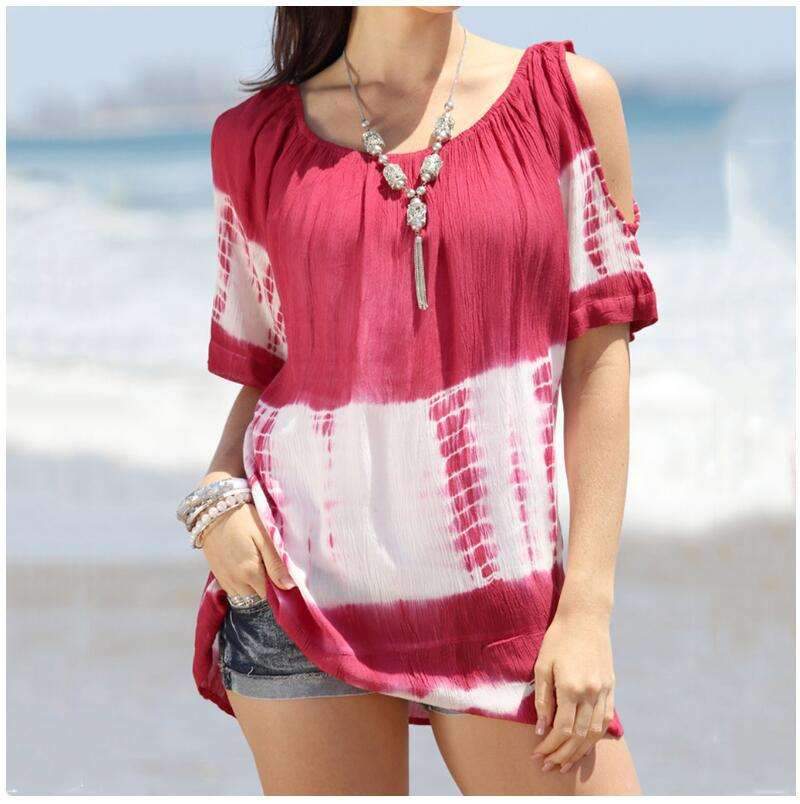 Casual Round neck Off shoulder Print Short sleeve T-Shirts