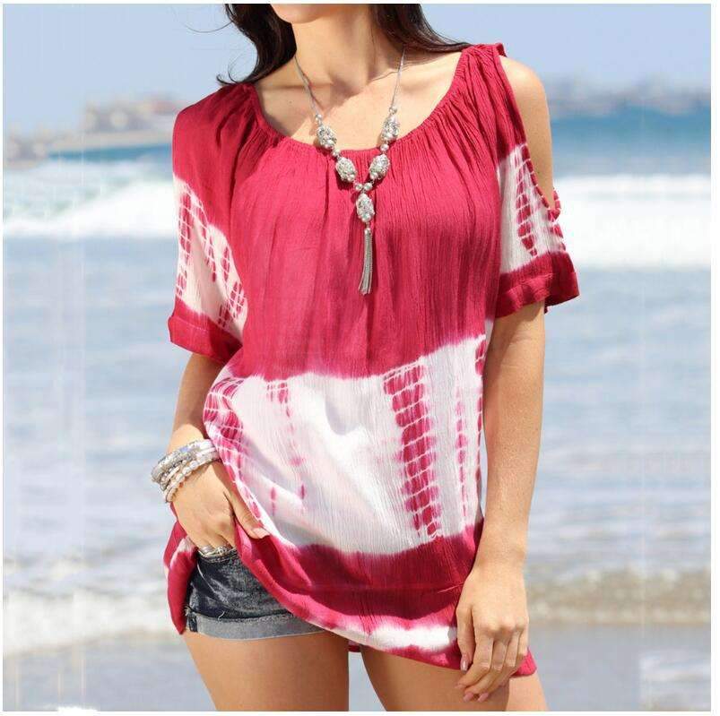 Casual Round neck Off shoulder Print Short sleeve T-Shirts