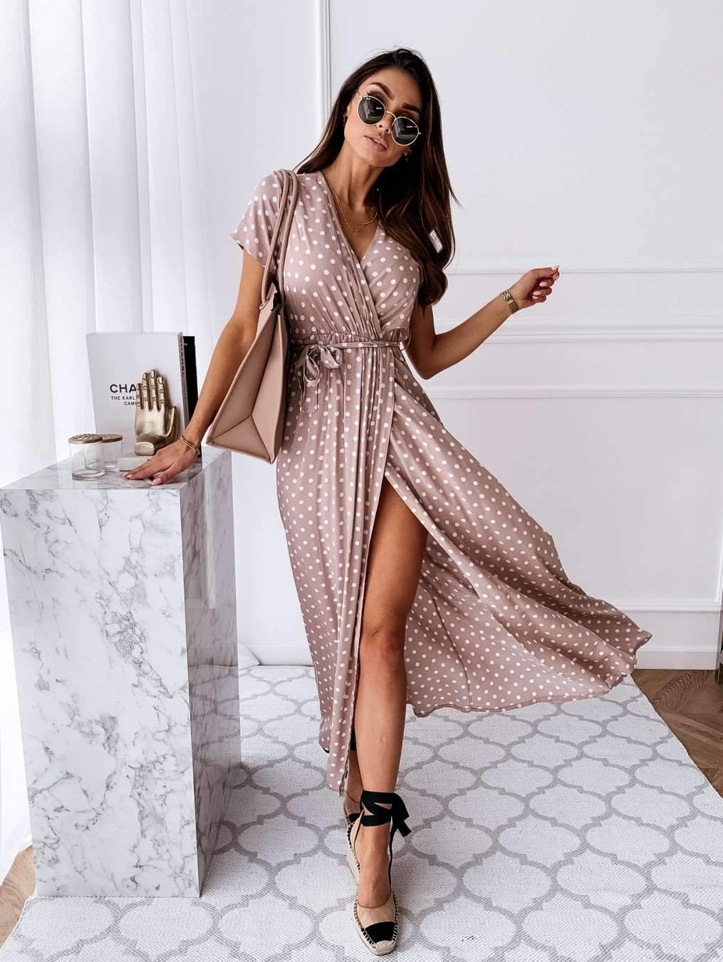 Fashion Point print V neck Short sleeve Lacing Maxi Dresses