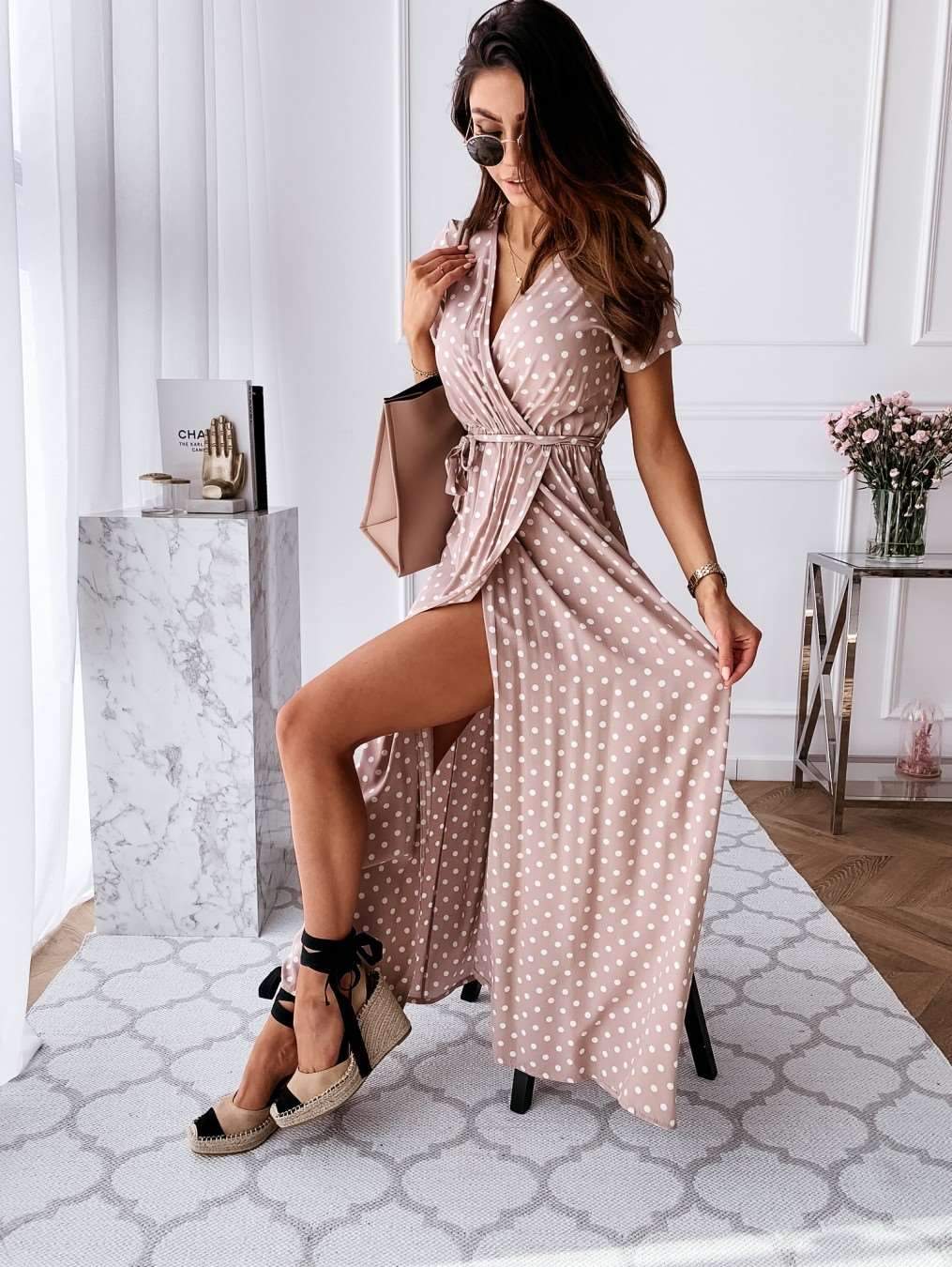 Fashion Point print V neck Short sleeve Lacing Maxi Dresses