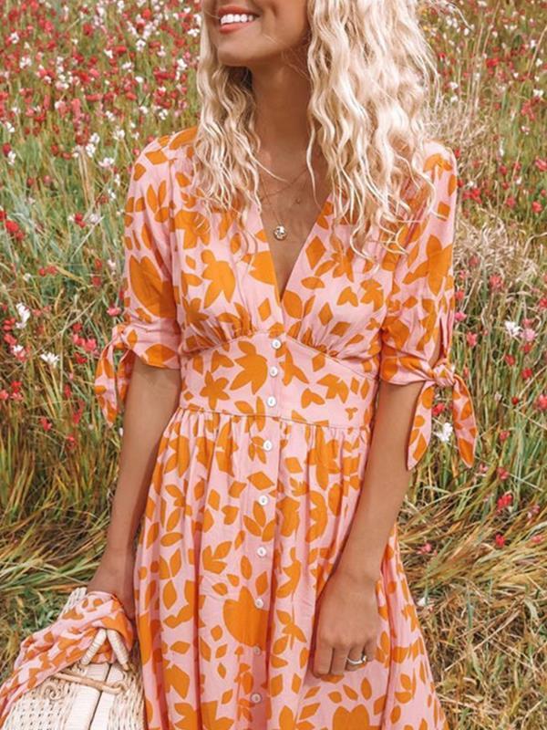 V neck Printed Half Sleeve Fashion Maxi Dresses