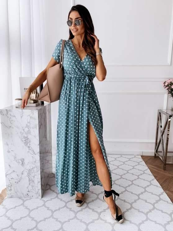 Fashion Point print V neck Short sleeve Lacing Maxi Dresses