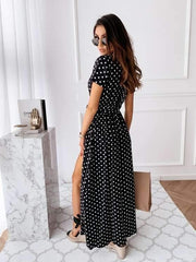 Fashion Point print V neck Short sleeve Lacing Maxi Dresses