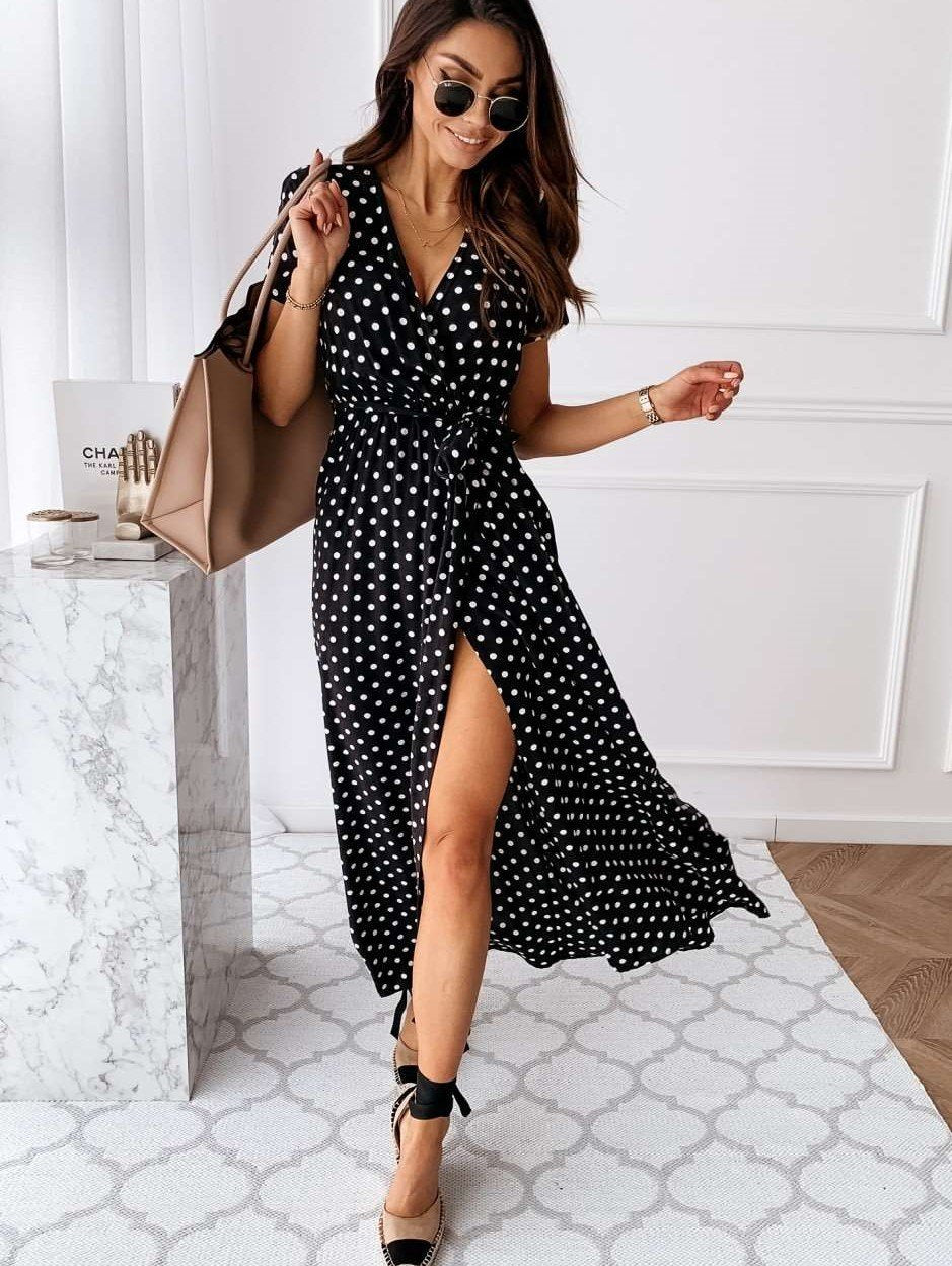 Fashion Point print V neck Short sleeve Lacing Maxi Dresses