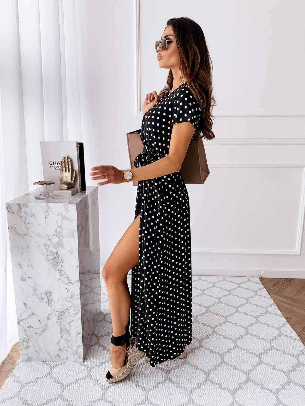 Fashion Point print V neck Short sleeve Lacing Maxi Dresses