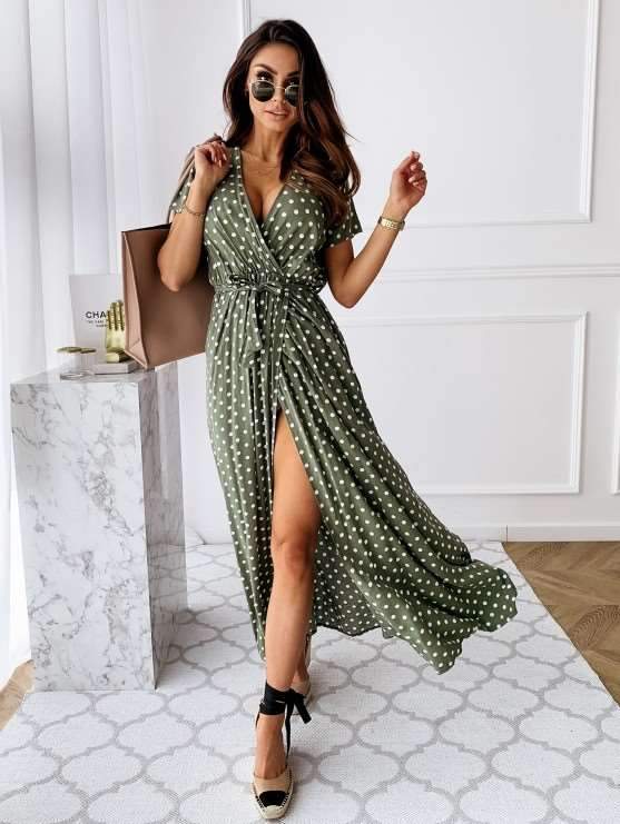 Fashion Point print V neck Short sleeve Lacing Maxi Dresses