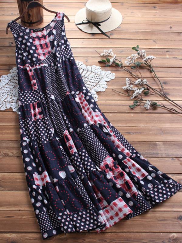 Vintage Printed Round Neck Long Maxi Dresses