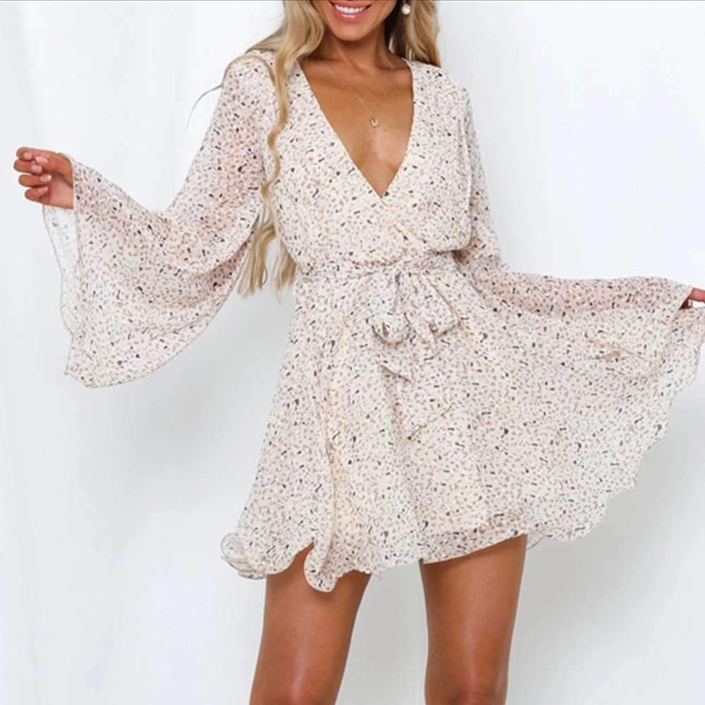 Fashion Point print V neck Long sleeve Lacing Skater Dresses