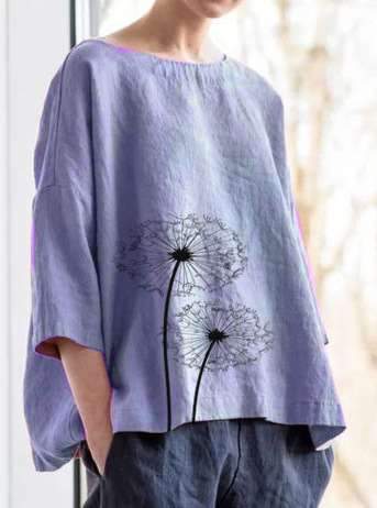 Casual Loose Print Half sleeve Round neck Blouses