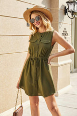 Fashion Pure Round neck Sleeveless Pocket Lacing Shift Dresses