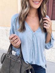 V Neck Long Bubble Sleeve Plain Elegant T-shirt