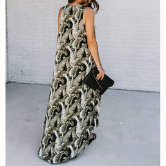 Fashion Print V neck Irregular Sleeveless Maxi Dresses
