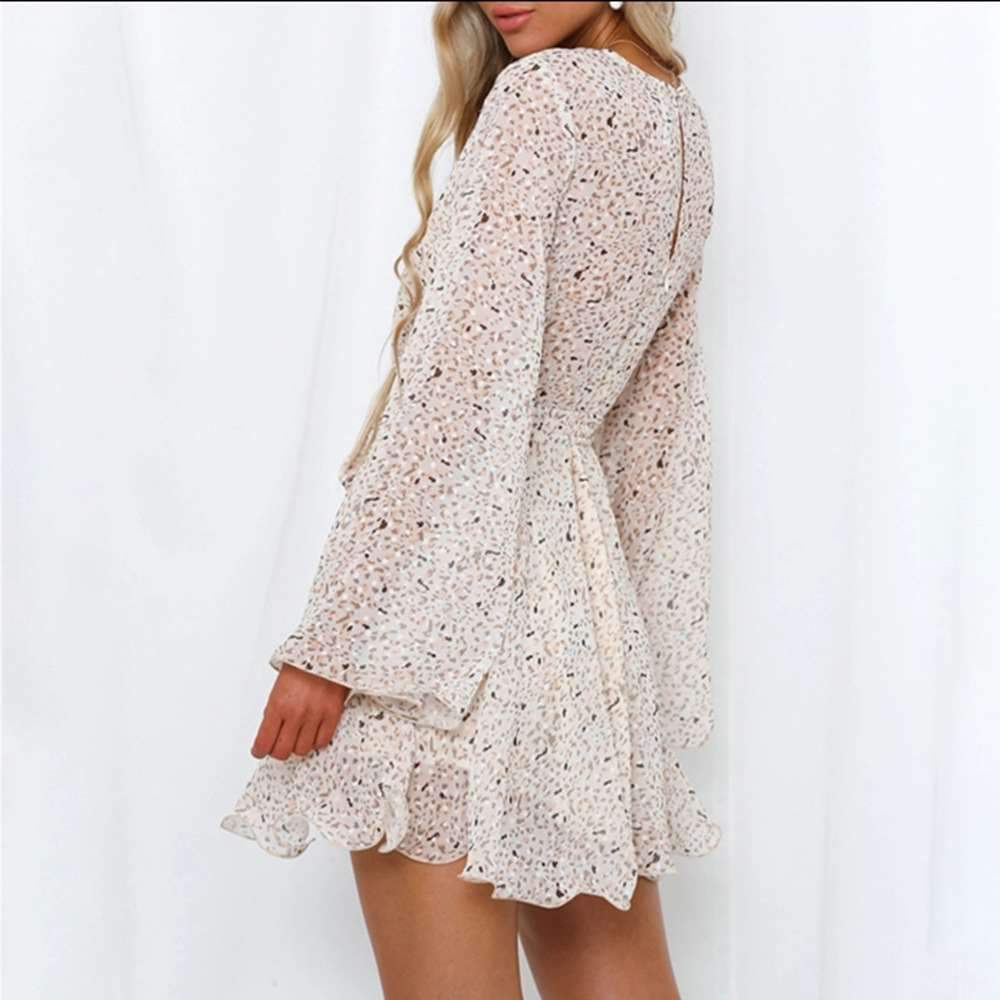 Fashion Point print V neck Long sleeve Lacing Skater Dresses