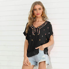 Fashion Casual Short sleeve V neck Tassels T-Shirts