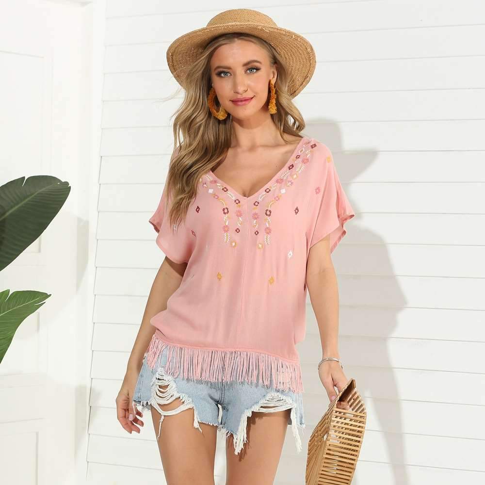 Fashion Casual Short sleeve V neck Tassels T-Shirts