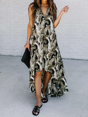 Fashion Print V neck Irregular Sleeveless Maxi Dresses